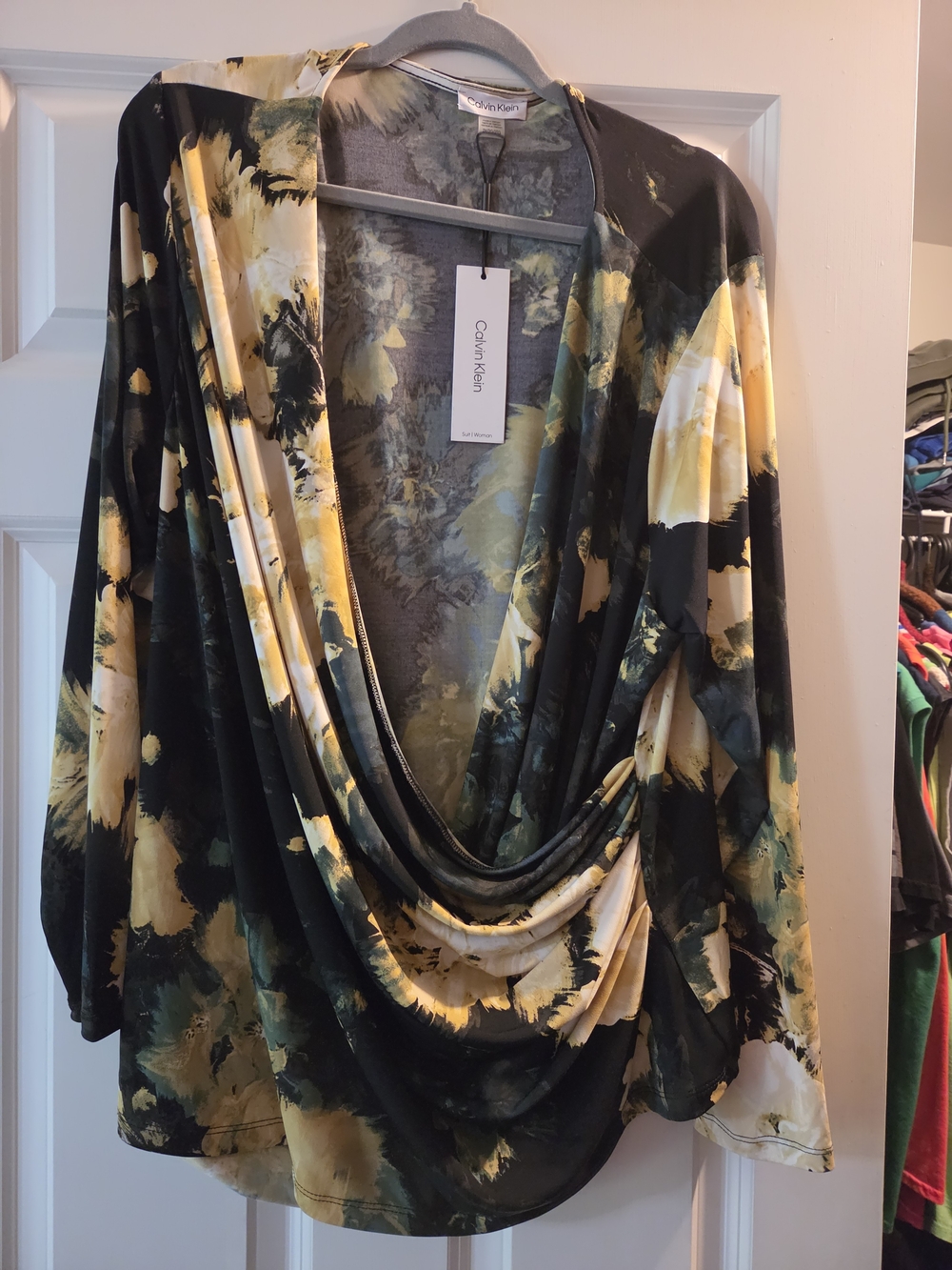Calvin Klein Yellow and Black Draped Cowl Neck Blouse